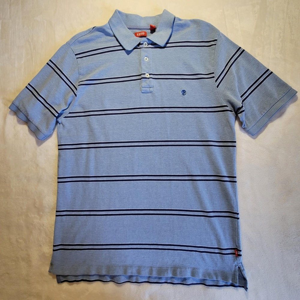 IZOD Polo Shirt Mens LT Blue Navy Striped Short Sleeve Pique Cotton Blend